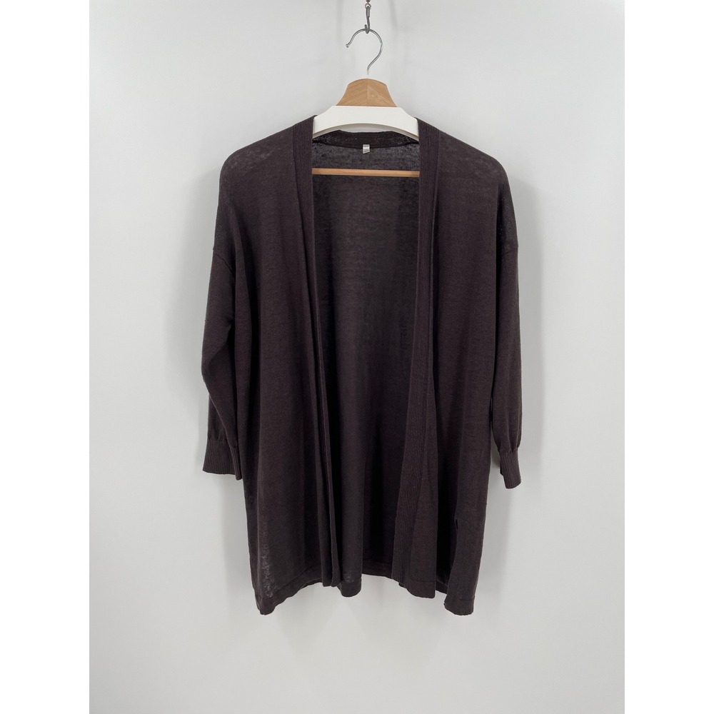 Muji Linen Blend Cardigan Sweater M L Dark Brown Chocolate Open Front Layer Top
